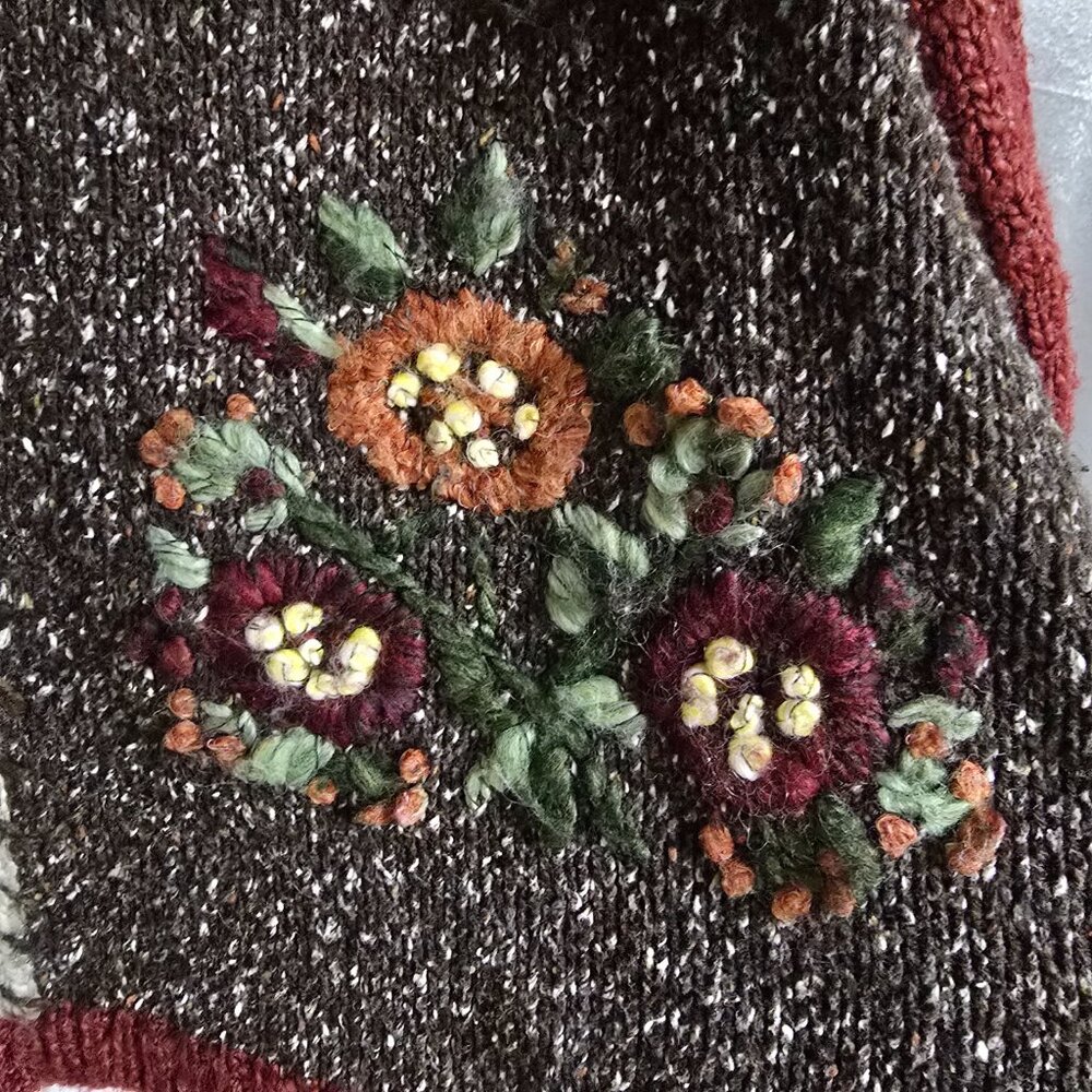 Vintage Croft & Barrow Maroon Knit Sweater Chunky Fall Floral Large Cozy Acrylic - Picture 4 of 10